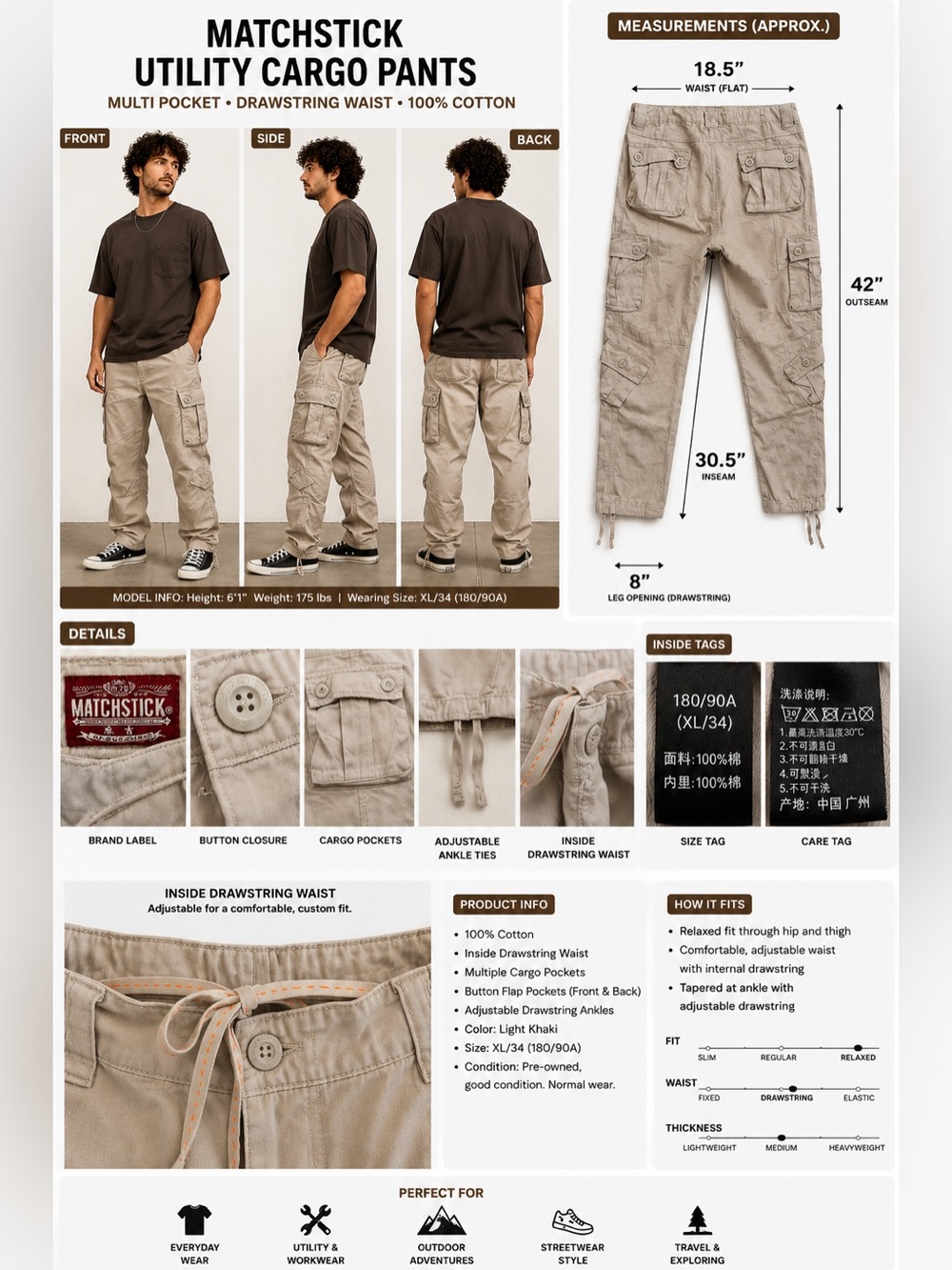 Matchstick Utility Cargo Pants Khaki Multi Pocket Drawstring Waist XL 34